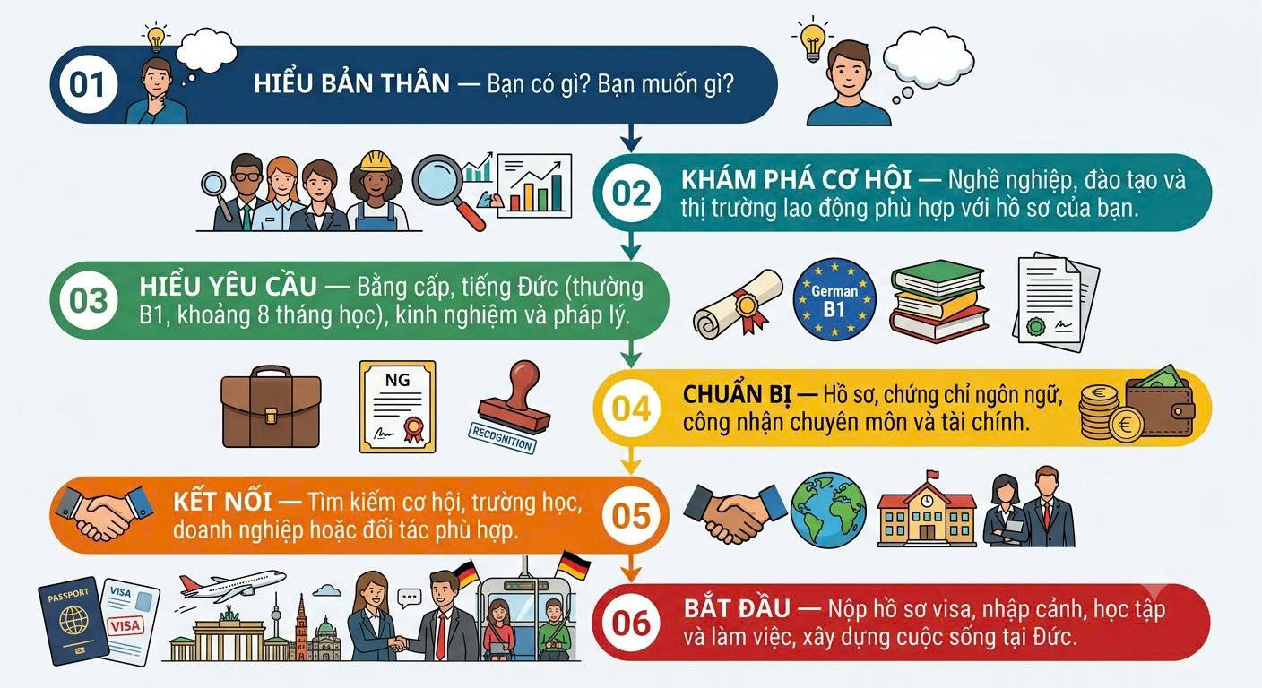 Sáu bước trong hành trình học tập và làm việc tại Đức